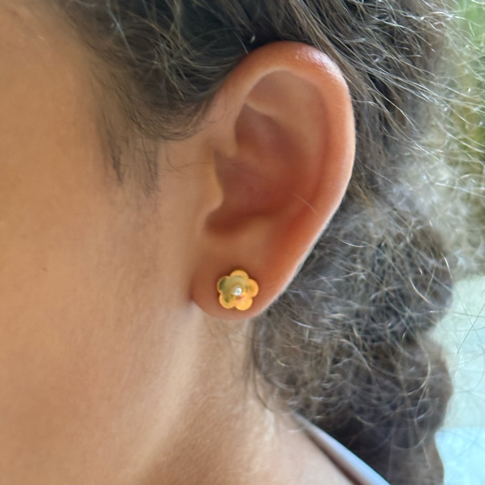 Gold Plated Stainless Steel Flower Stud Earrings w/ Tiny Simulated Pearl Center